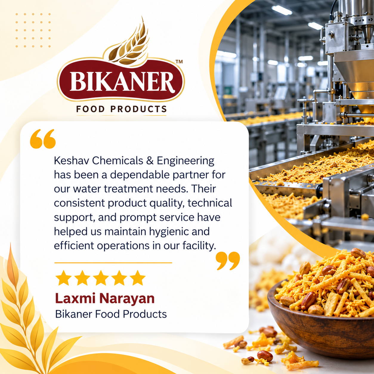 Bikaner Food Products Testimonial client testimonial for Keshav Chemicals & Engineering