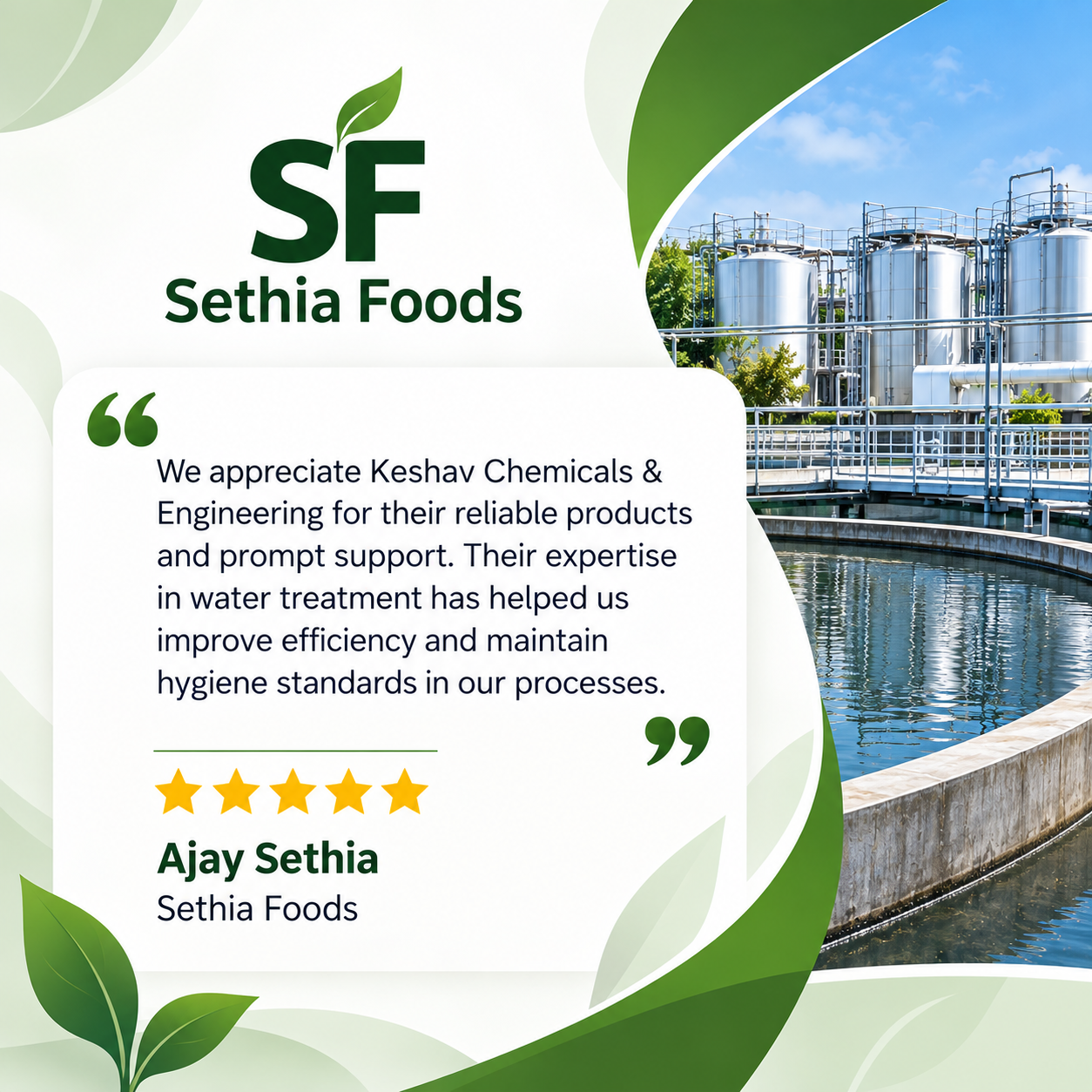 Sethia Foods Water Treatment Testimonial client testimonial for Keshav Chemicals & Engineering